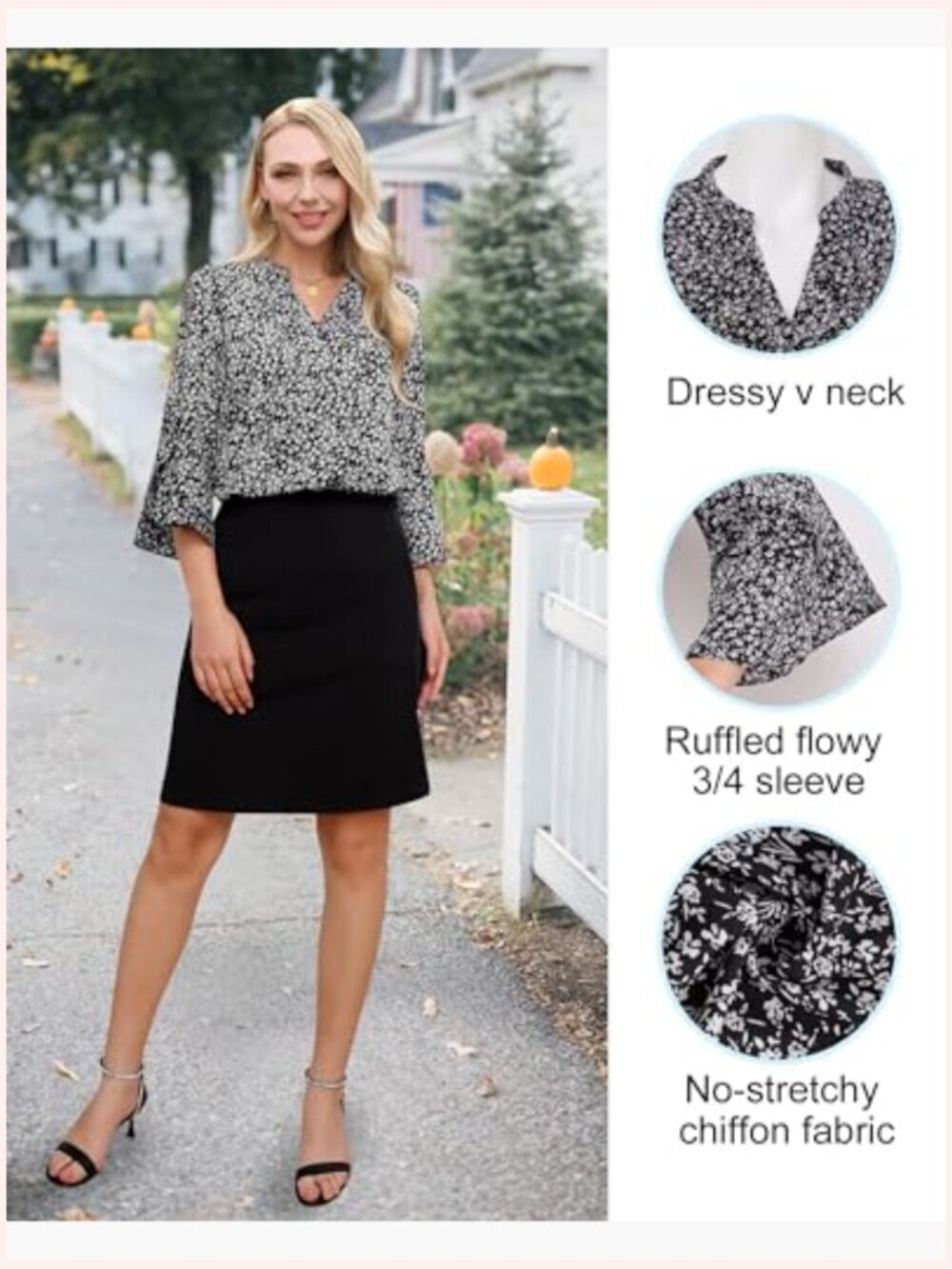 Ruffle 3/4 Sleeve V Neck Chiffon Tunic Blouse Business Work Top - Picture 4 of 6